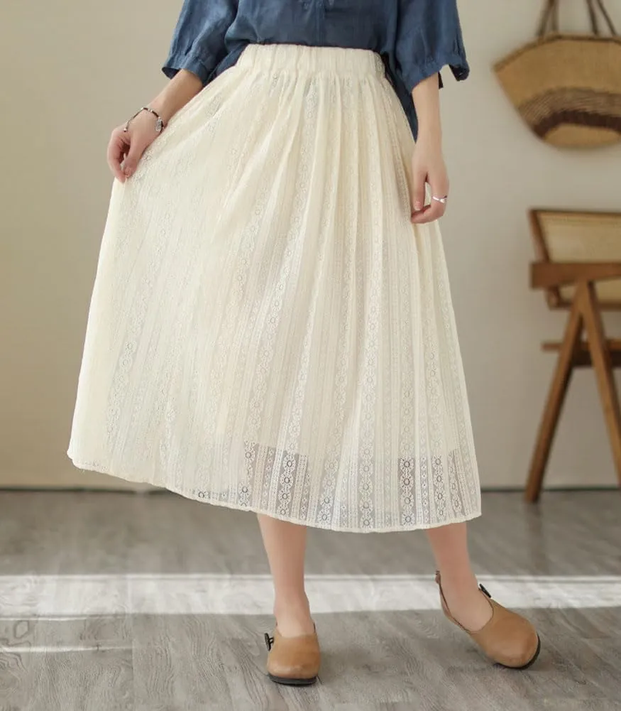 chouyatou Women's Hollow Out Lace Floral Skirt Boho Crochet Elastic Waist Pleated Swing Midi Long Skirt
