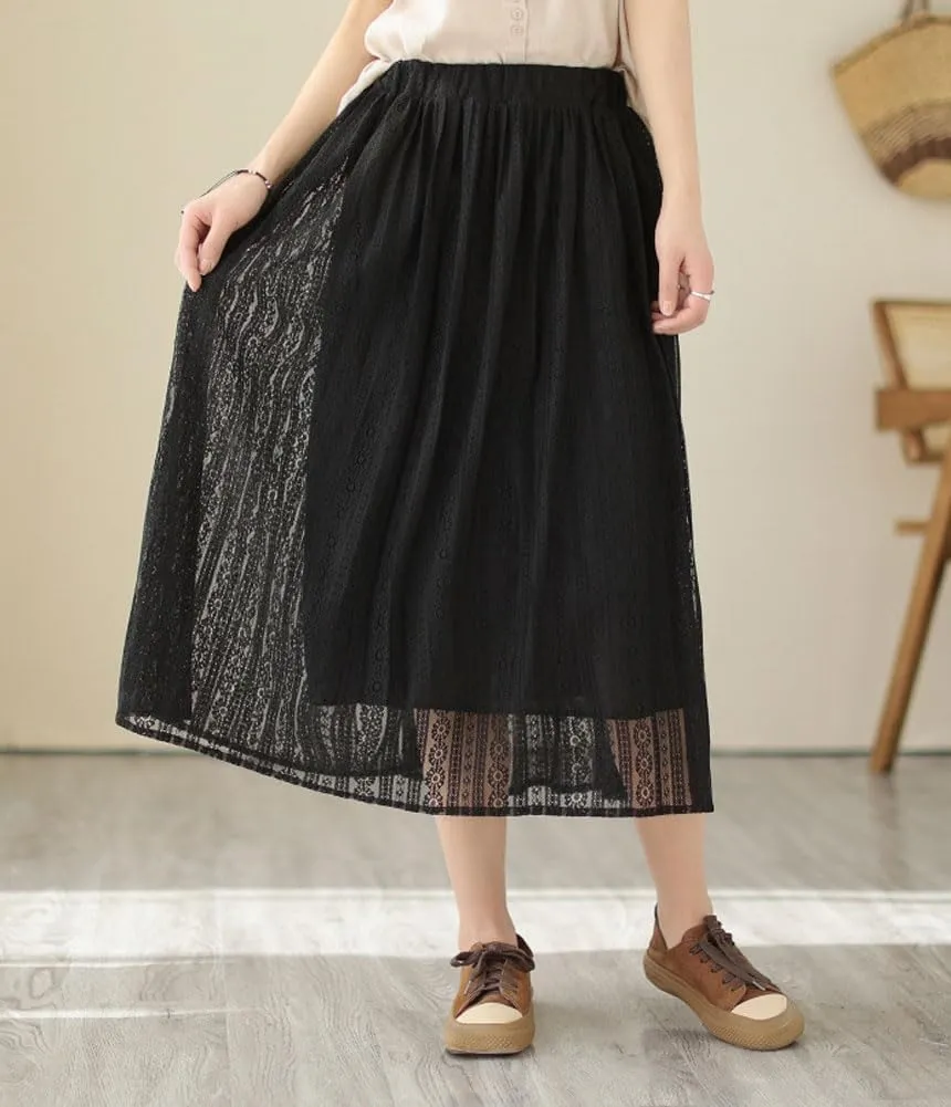 chouyatou Women's Hollow Out Lace Floral Skirt Boho Crochet Elastic Waist Pleated Swing Midi Long Skirt
