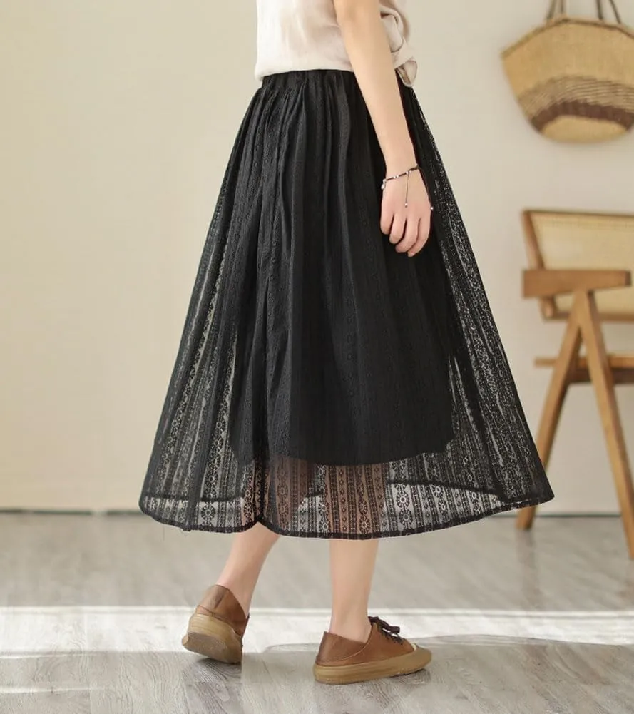 chouyatou Women's Hollow Out Lace Floral Skirt Boho Crochet Elastic Waist Pleated Swing Midi Long Skirt