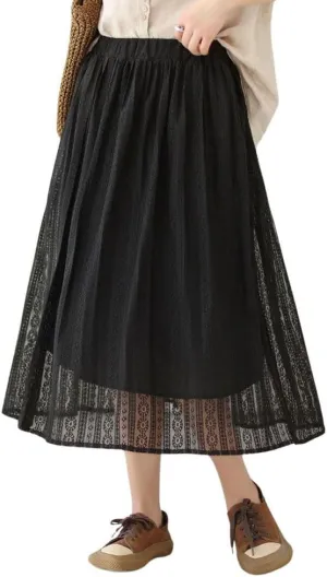chouyatou Women's Hollow Out Lace Floral Skirt Boho Crochet Elastic Waist Pleated Swing Midi Long Skirt