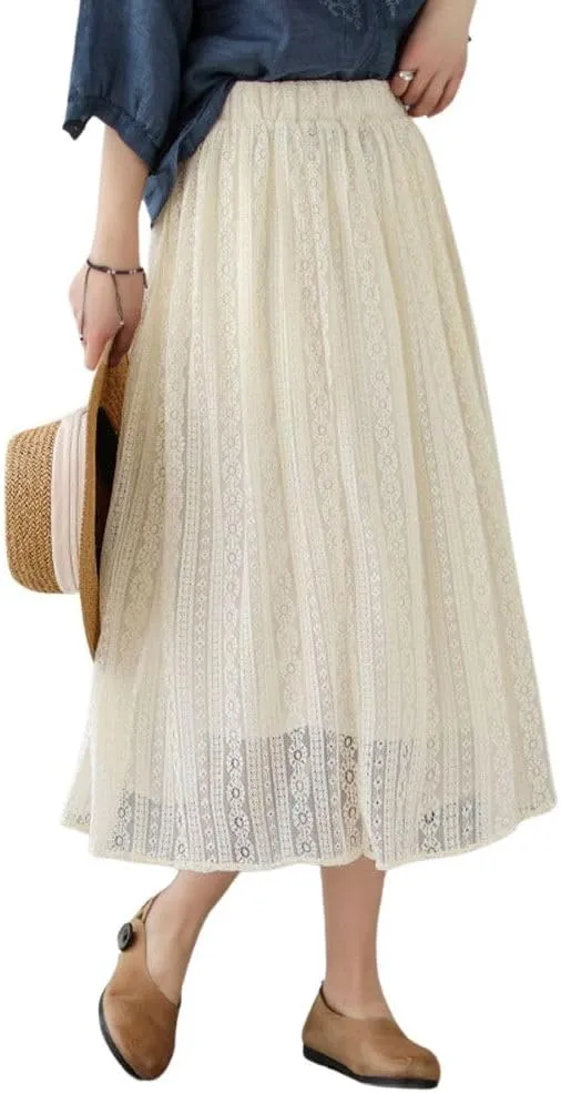 chouyatou Women's Hollow Out Lace Floral Skirt Boho Crochet Elastic Waist Pleated Swing Midi Long Skirt