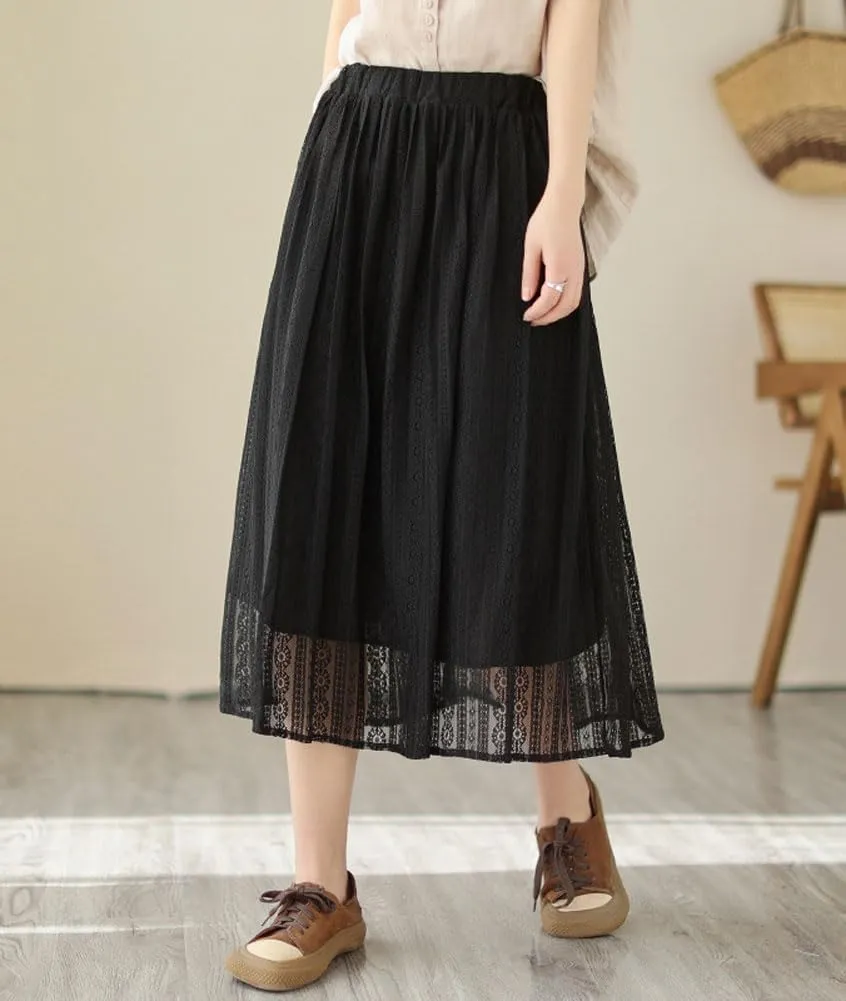 chouyatou Women's Hollow Out Lace Floral Skirt Boho Crochet Elastic Waist Pleated Swing Midi Long Skirt