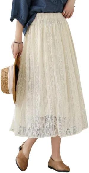 chouyatou Women's Hollow Out Lace Floral Skirt Boho Crochet Elastic Waist Pleated Swing Midi Long Skirt
