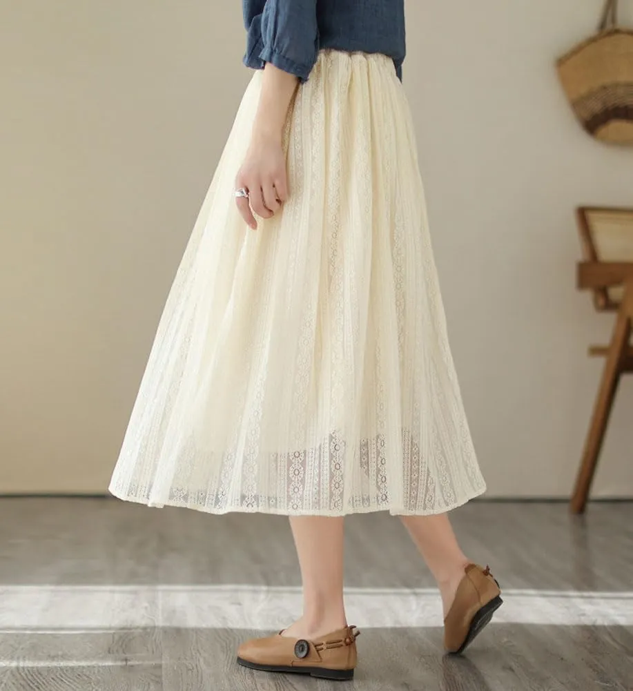 chouyatou Women's Hollow Out Lace Floral Skirt Boho Crochet Elastic Waist Pleated Swing Midi Long Skirt