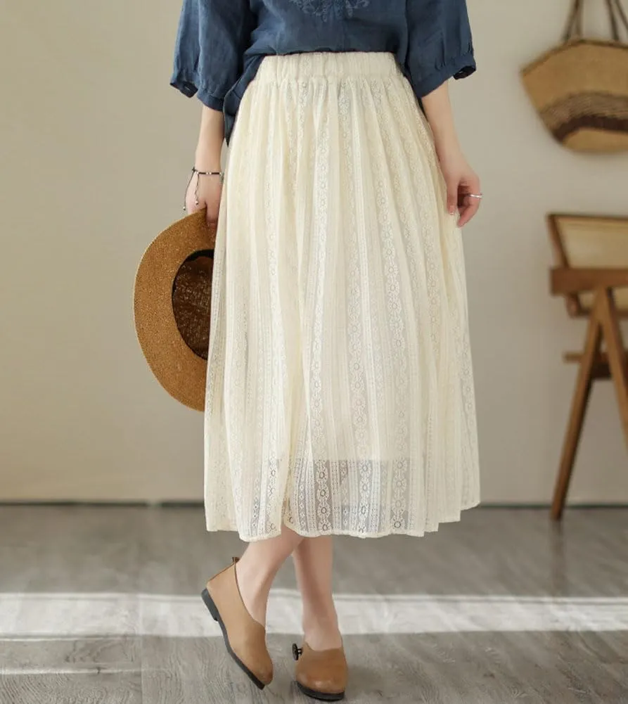 chouyatou Women's Hollow Out Lace Floral Skirt Boho Crochet Elastic Waist Pleated Swing Midi Long Skirt