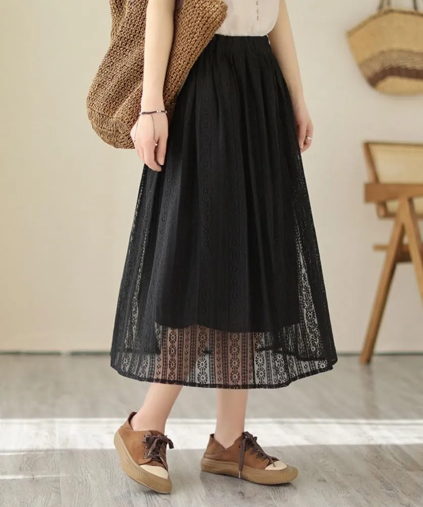 chouyatou Women's Hollow Out Lace Floral Skirt Boho Crochet Elastic Waist Pleated Swing Midi Long Skirt