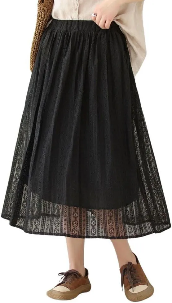 chouyatou Women's Hollow Out Lace Floral Skirt Boho Crochet Elastic Waist Pleated Swing Midi Long Skirt