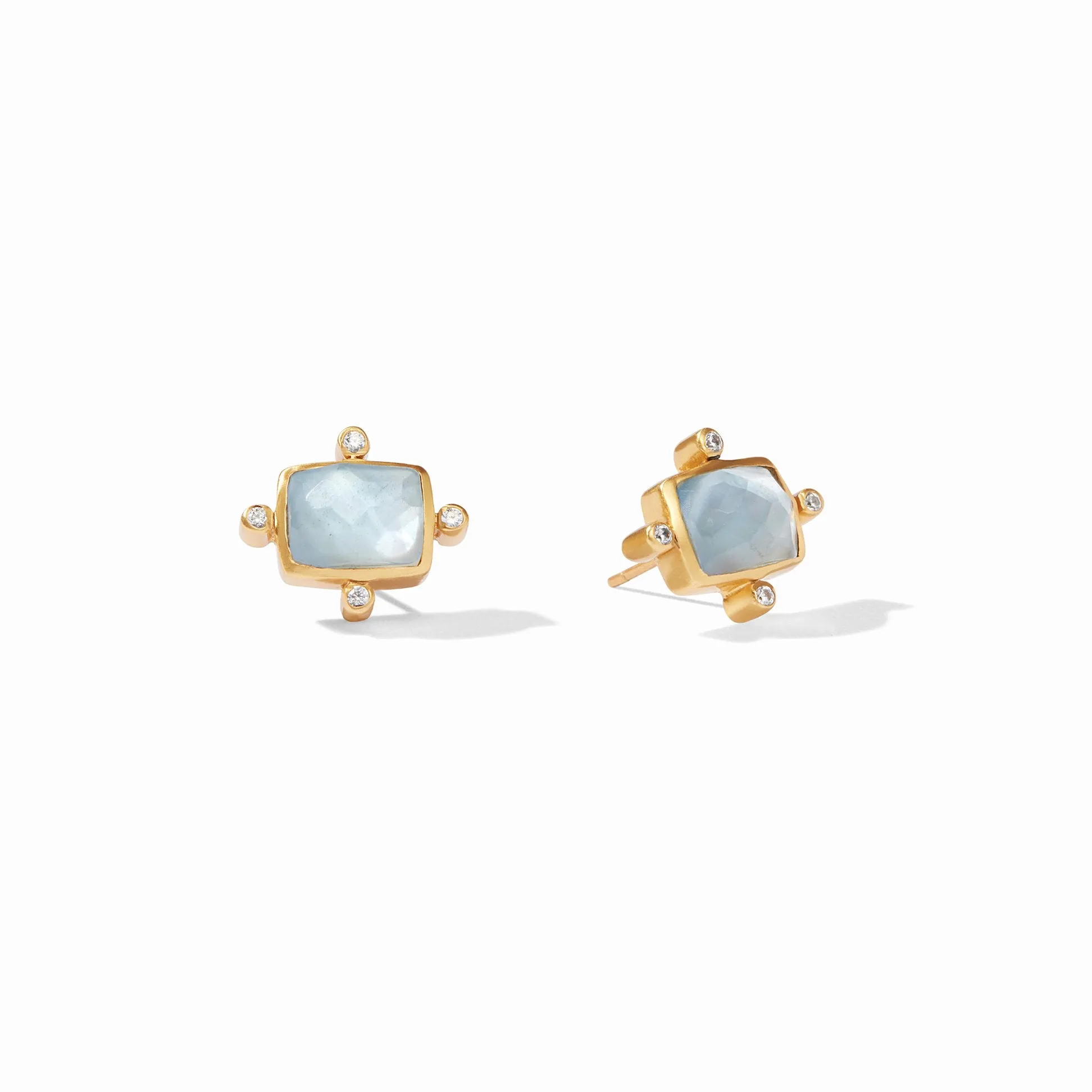 Clara Gold Stud Earrings - Iridescent Chalcedony Blue