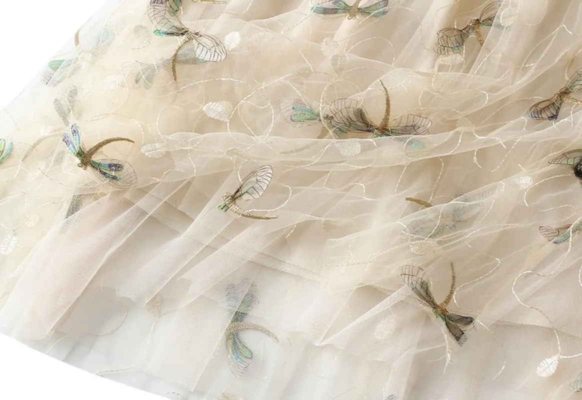 CORIRESHA Women's Summer Tulle Dragonfly Embroidery Elastic Waist Mesh A Line Midi Skirts