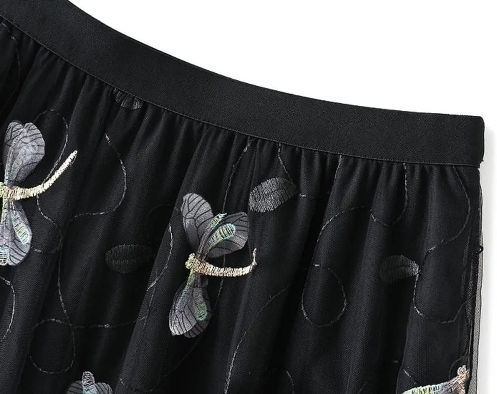 CORIRESHA Women's Summer Tulle Dragonfly Embroidery Elastic Waist Mesh A Line Midi Skirts