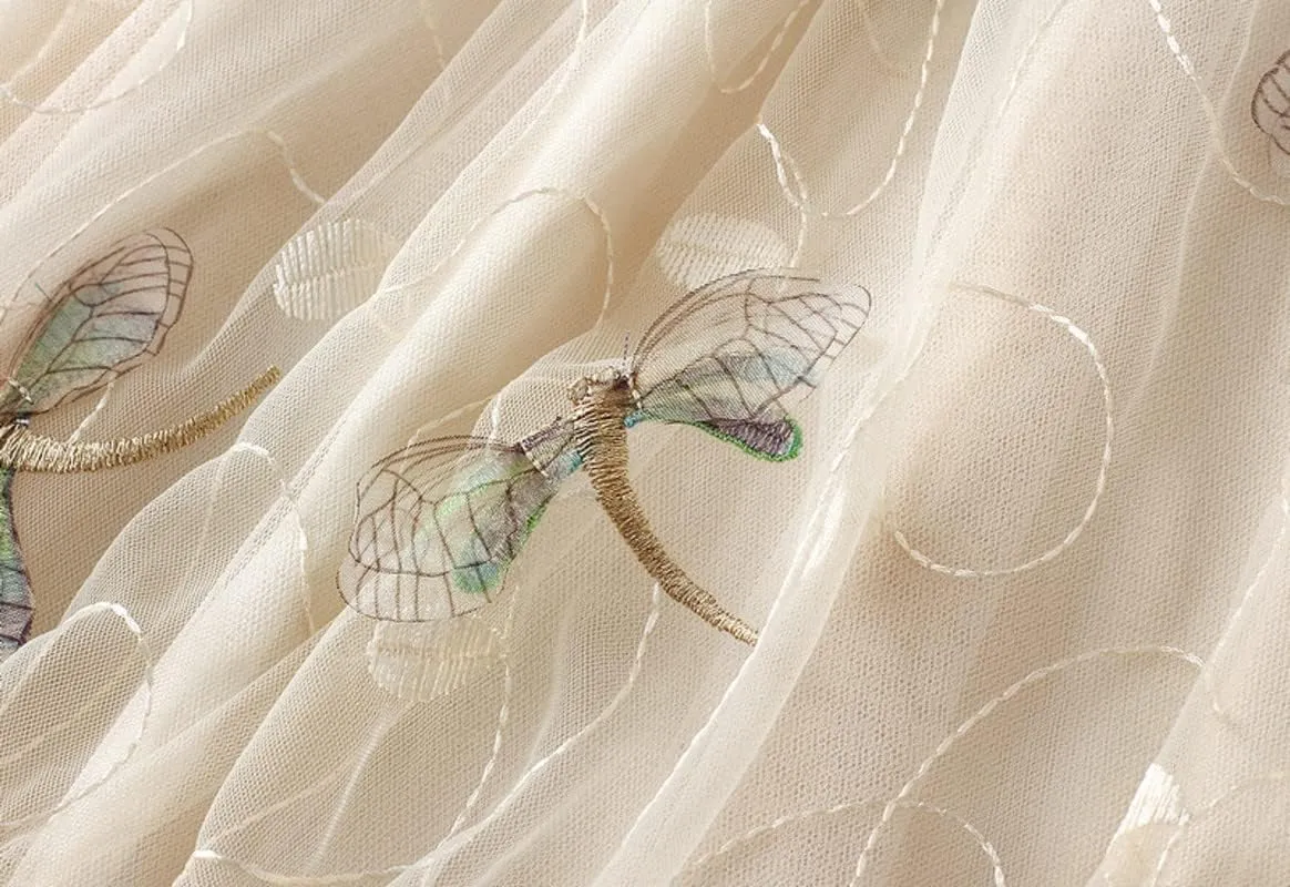 CORIRESHA Women's Summer Tulle Dragonfly Embroidery Elastic Waist Mesh A Line Midi Skirts