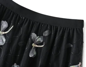 CORIRESHA Women's Summer Tulle Dragonfly Embroidery Elastic Waist Mesh A Line Midi Skirts