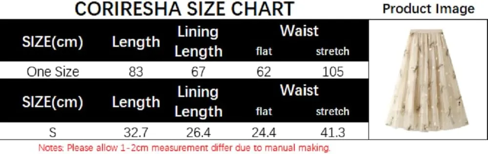 CORIRESHA Women's Summer Tulle Dragonfly Embroidery Elastic Waist Mesh A Line Midi Skirts