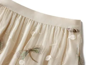 CORIRESHA Women's Summer Tulle Dragonfly Embroidery Elastic Waist Mesh A Line Midi Skirts