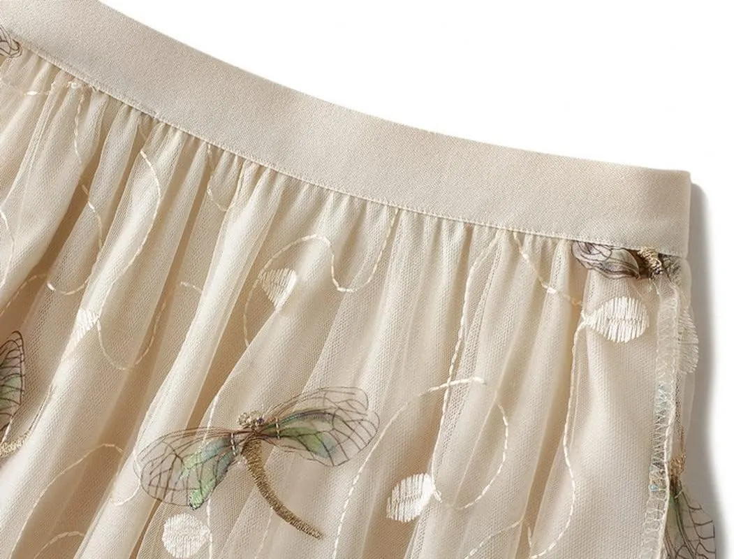CORIRESHA Women's Summer Tulle Dragonfly Embroidery Elastic Waist Mesh A Line Midi Skirts