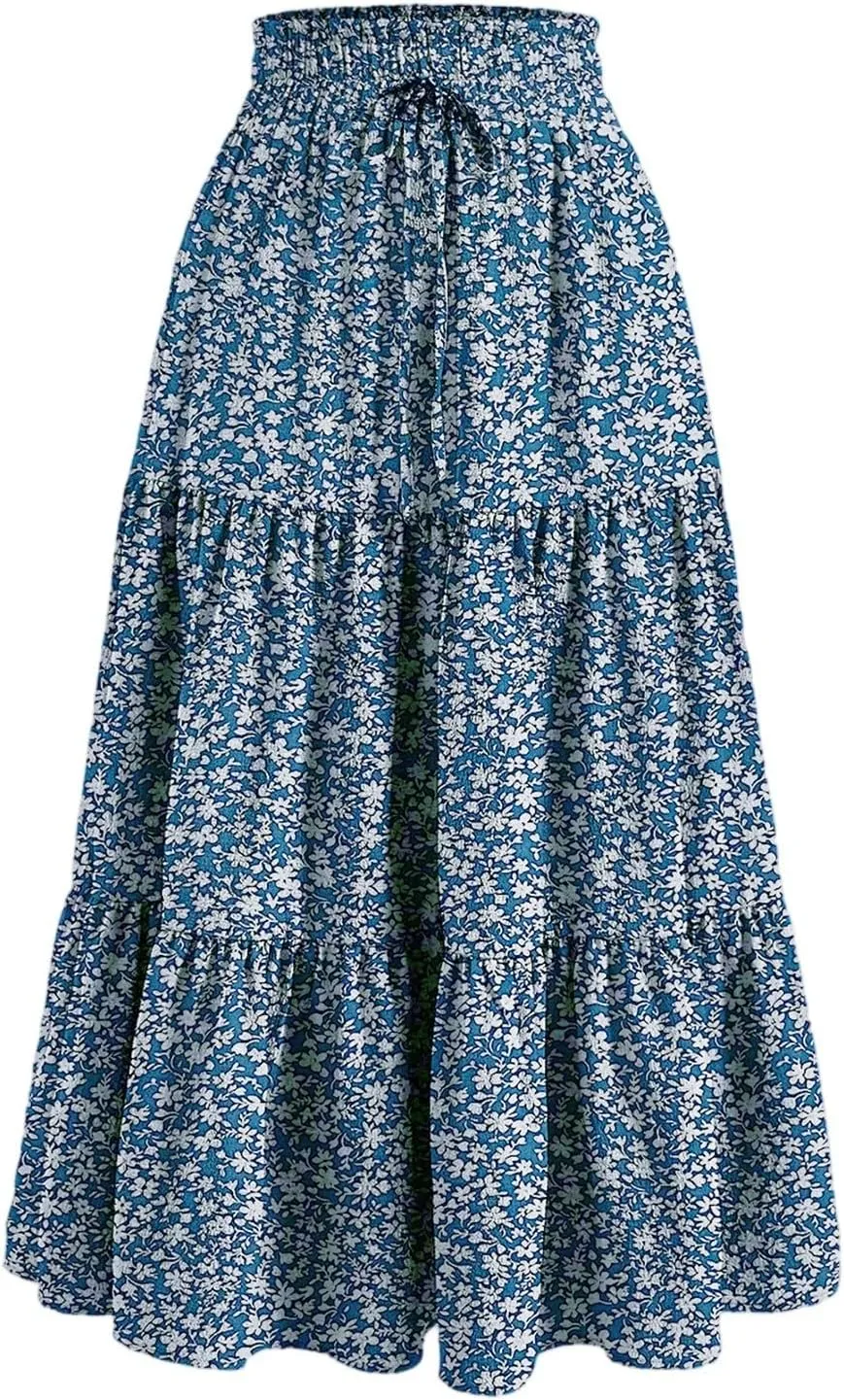 COTECRAM Womens Boho Floral Print Skirt Trendy Pleated A-Line Skirts Casual Flowy Swing Midi Skirts Beach Vacation Clothes