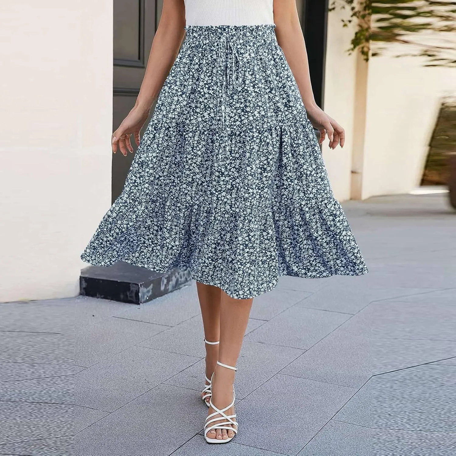 COTECRAM Womens Boho Floral Print Skirt Trendy Pleated A-Line Skirts Casual Flowy Swing Midi Skirts Beach Vacation Clothes