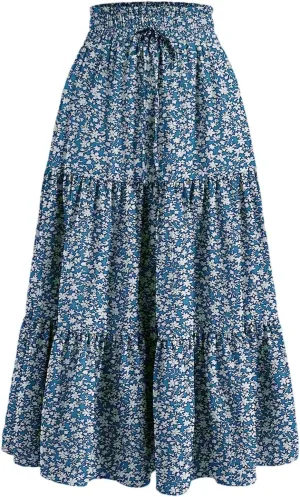 COTECRAM Womens Boho Floral Print Skirt Trendy Pleated A-Line Skirts Casual Flowy Swing Midi Skirts Beach Vacation Clothes