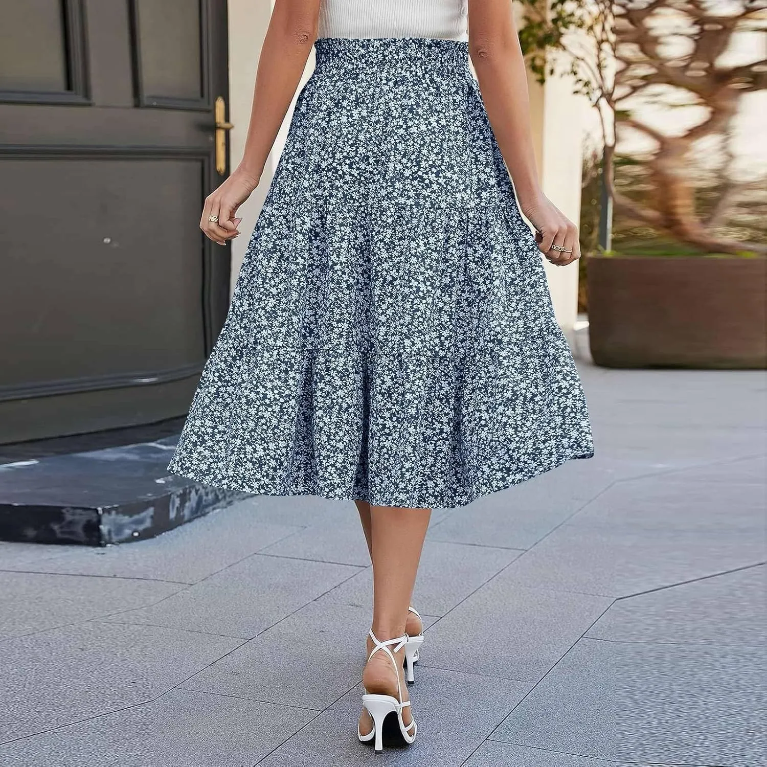 COTECRAM Womens Boho Floral Print Skirt Trendy Pleated A-Line Skirts Casual Flowy Swing Midi Skirts Beach Vacation Clothes