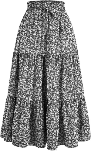 COTECRAM Womens Boho Floral Print Skirt Trendy Pleated A-Line Skirts Casual Flowy Swing Midi Skirts Beach Vacation Clothes