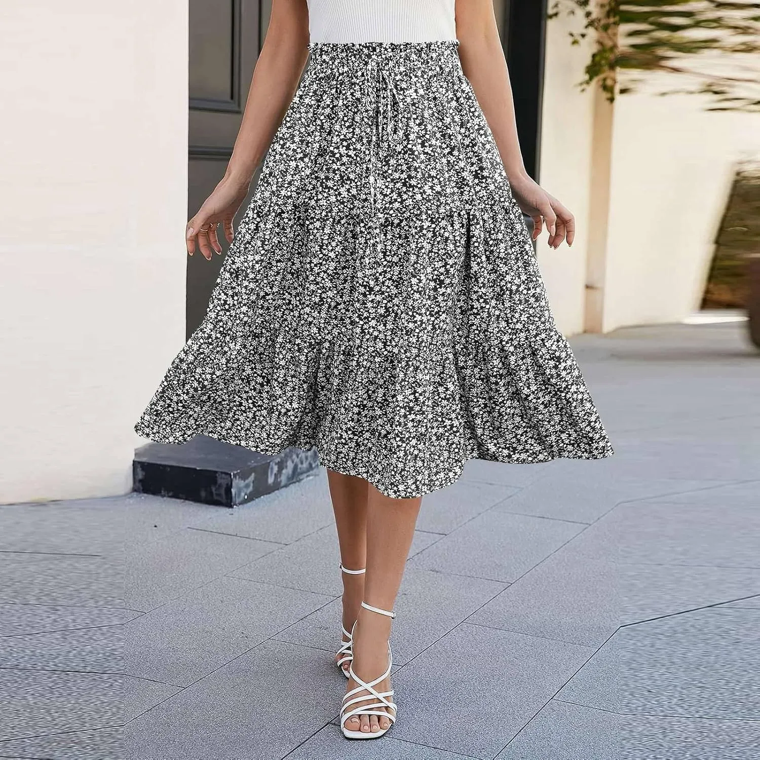 COTECRAM Womens Boho Floral Print Skirt Trendy Pleated A-Line Skirts Casual Flowy Swing Midi Skirts Beach Vacation Clothes