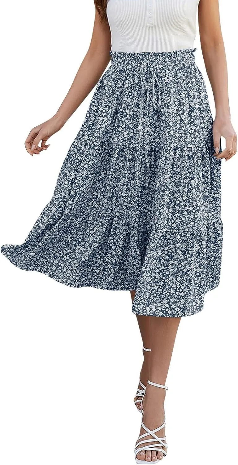 COTECRAM Womens Boho Floral Print Skirt Trendy Pleated A-Line Skirts Casual Flowy Swing Midi Skirts Beach Vacation Clothes