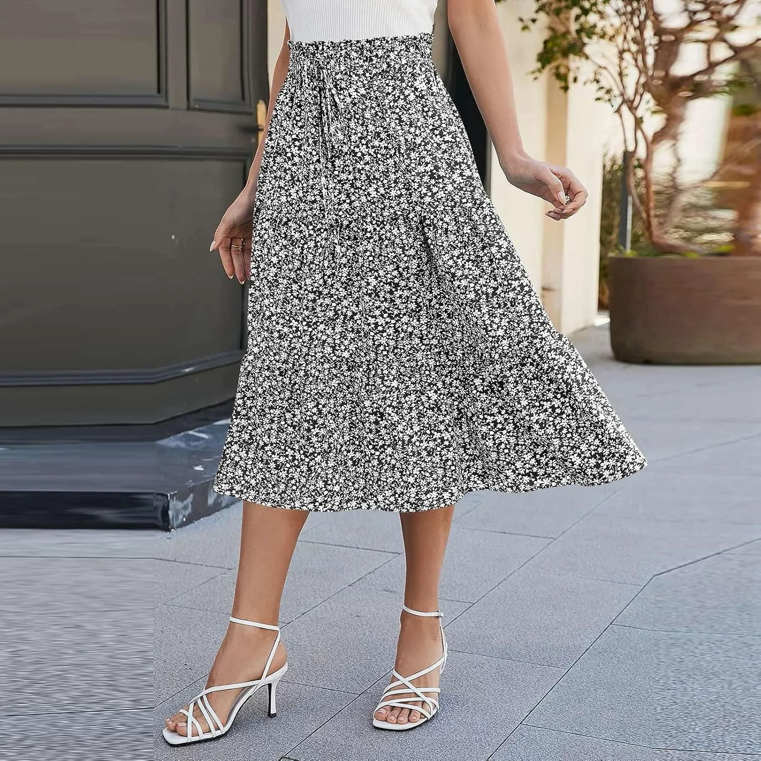 COTECRAM Womens Boho Floral Print Skirt Trendy Pleated A-Line Skirts Casual Flowy Swing Midi Skirts Beach Vacation Clothes