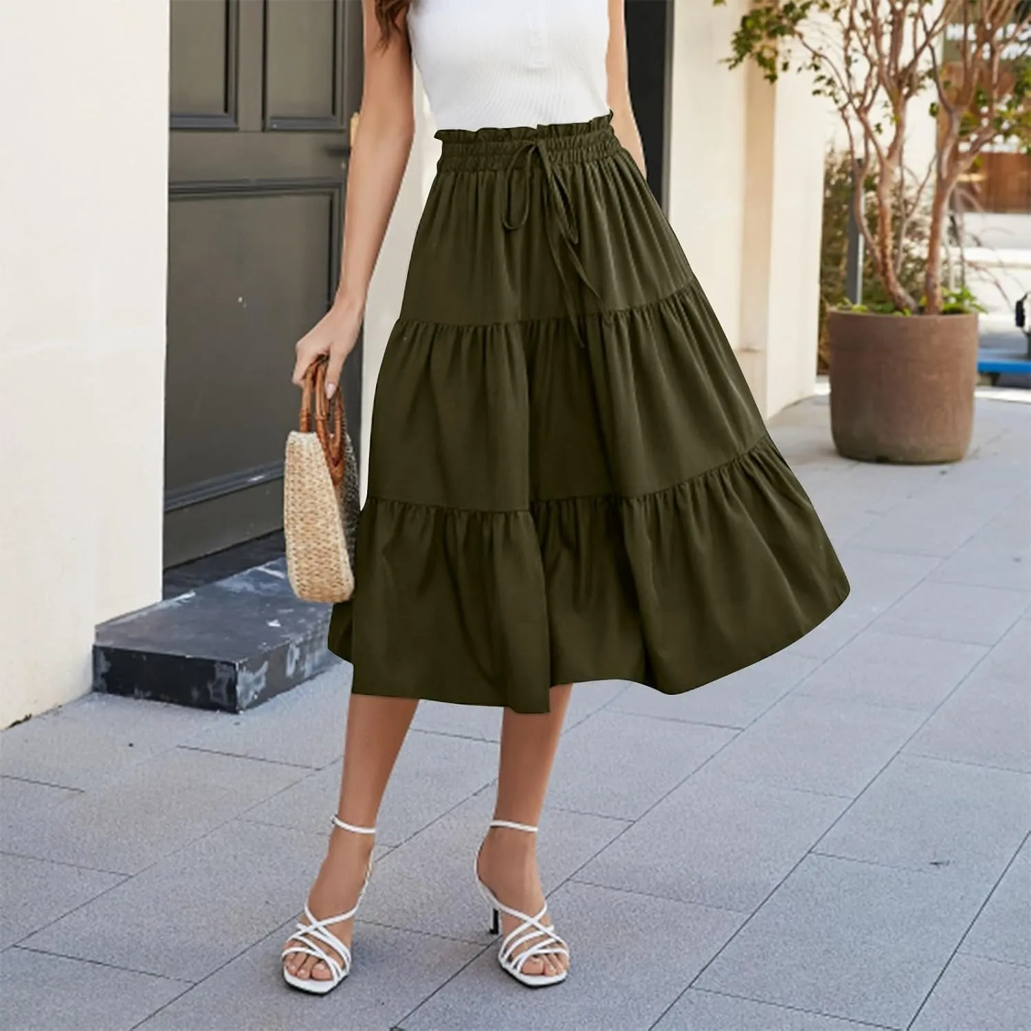 COTECRAM Womens Boho Floral Print Skirt Trendy Pleated A-Line Skirts Casual Flowy Swing Midi Skirts Beach Vacation Clothes