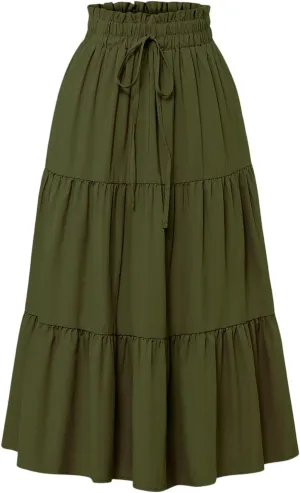 COTECRAM Womens Boho Floral Print Skirt Trendy Pleated A-Line Skirts Casual Flowy Swing Midi Skirts Beach Vacation Clothes