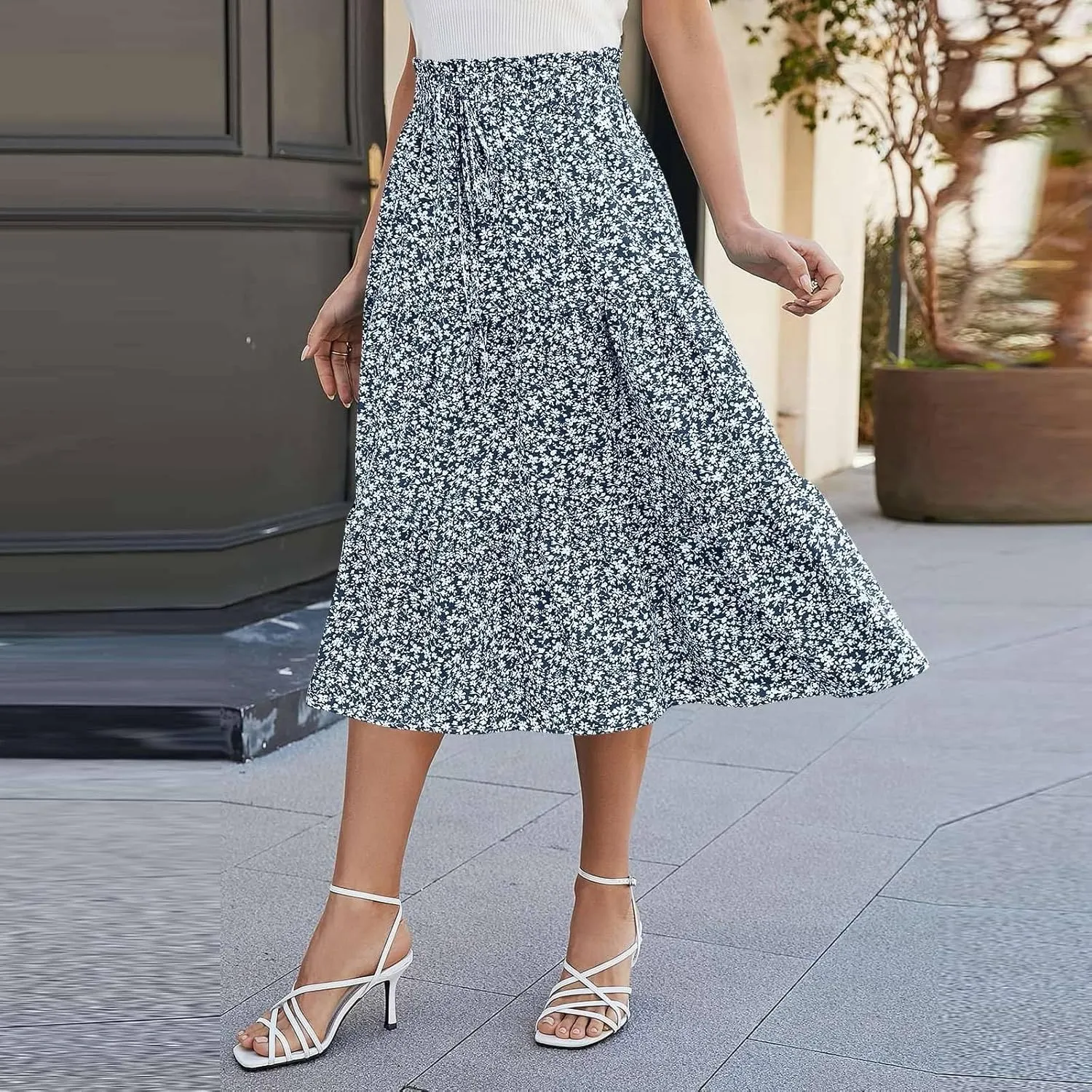 COTECRAM Womens Boho Floral Print Skirt Trendy Pleated A-Line Skirts Casual Flowy Swing Midi Skirts Beach Vacation Clothes