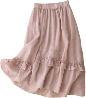 Cotton Linen Skirts for Women Elastic Waisted Vintage Ruffle Hem Midi Skirt Summer Solid Color Vacation Flowy Skirt