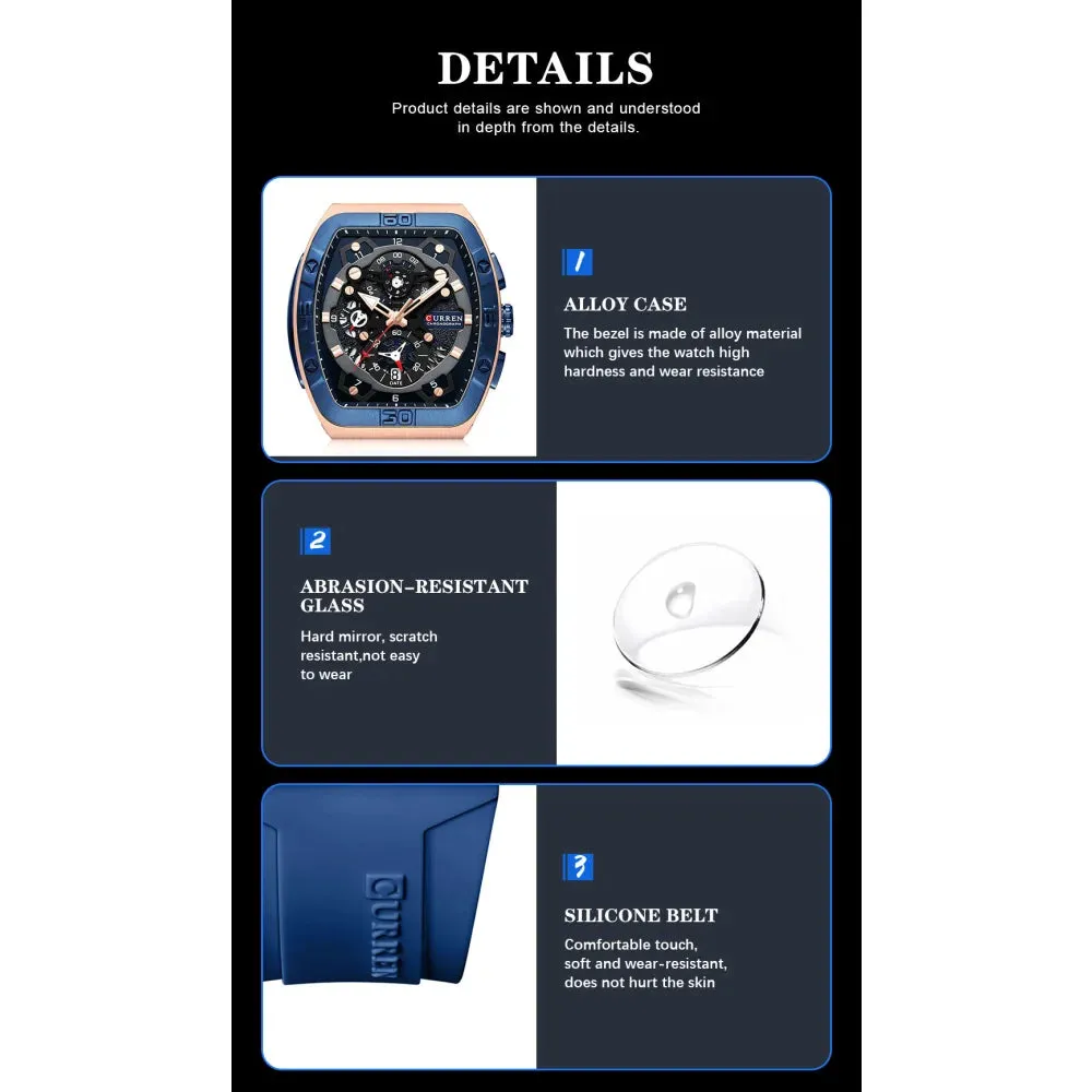 Creative Fashion Multifunctional Rectangle Quartz Watches Casual Silicone Strap Men's Wristwatches