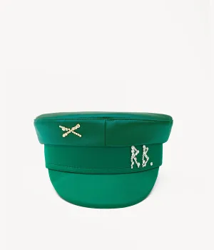 Crystal-embellished Green Satin Baker Boy Cap