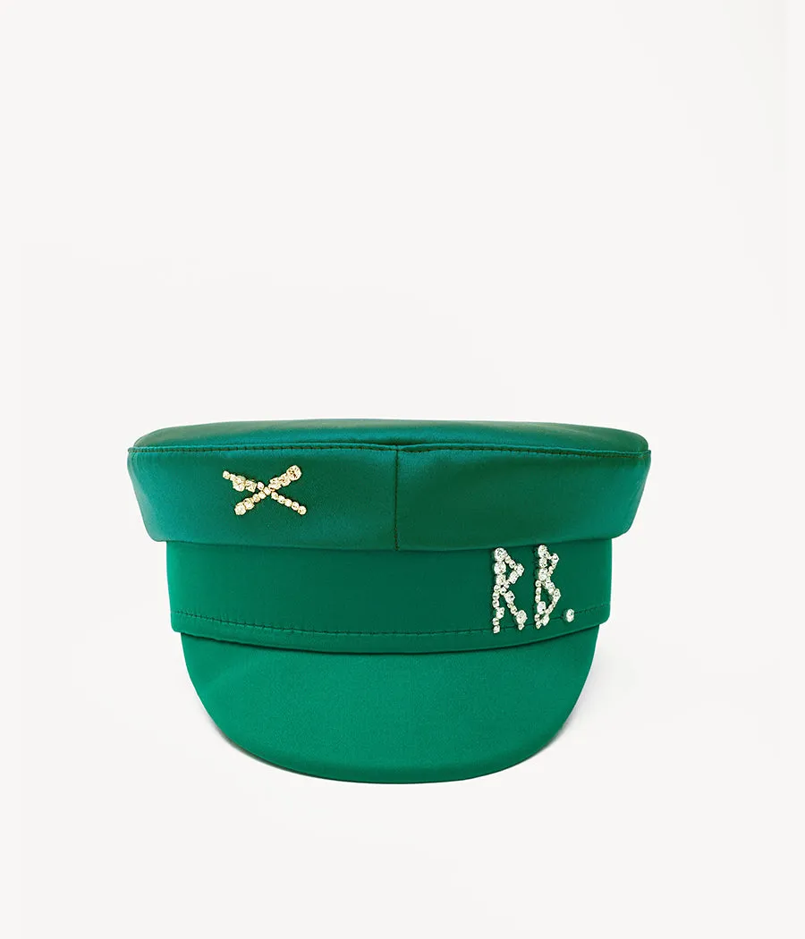 Crystal-embellished Green Satin Baker Boy Cap