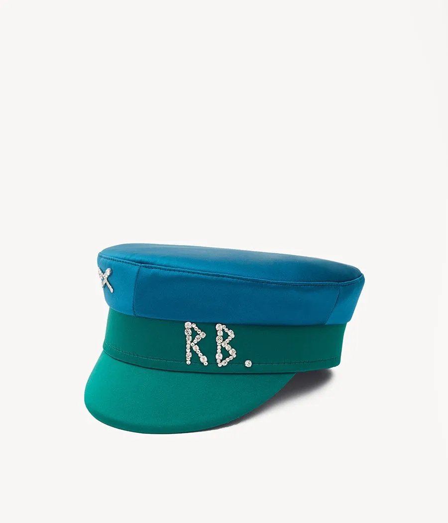 Crystal-embellished Green Satin Baker Boy Cap