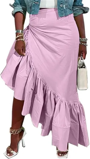 cu4eve Ruffle Long Skirts for Women Trendy Summer Asymmetrical Pencil High Waisted Midi Skirt with Slit Plus Size