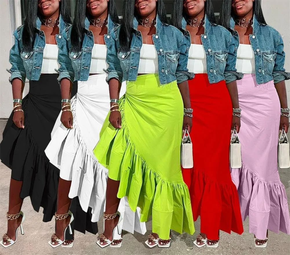 cu4eve Ruffle Long Skirts for Women Trendy Summer Asymmetrical Pencil High Waisted Midi Skirt with Slit Plus Size