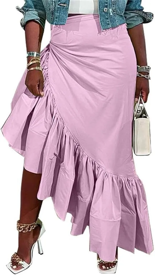 cu4eve Ruffle Long Skirts for Women Trendy Summer Asymmetrical Pencil High Waisted Midi Skirt with Slit Plus Size