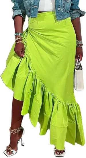 cu4eve Ruffle Long Skirts for Women Trendy Summer Asymmetrical Pencil High Waisted Midi Skirt with Slit Plus Size