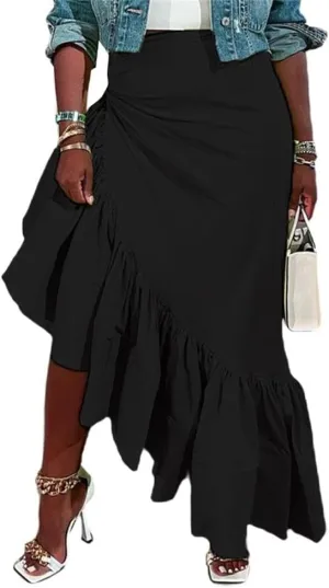 cu4eve Ruffle Long Skirts for Women Trendy Summer Asymmetrical Pencil High Waisted Midi Skirt with Slit Plus Size