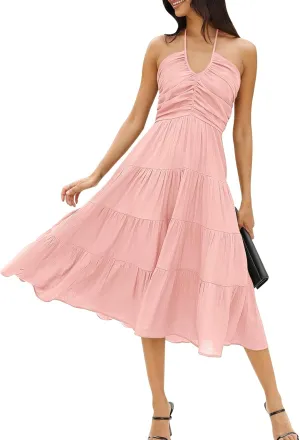 DEEP SELF Women's Summer Halter Smocked Midi Dress Sleevelesss V Neck Ruffle Tiered Swing Flowy A Line Beach Sundress