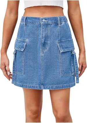 Denim Cargo Skirt for Women Mini Jean Skirts High Waisted Denim Skirts A Line Skirts wirh Pockets Casual Summer Skirt
