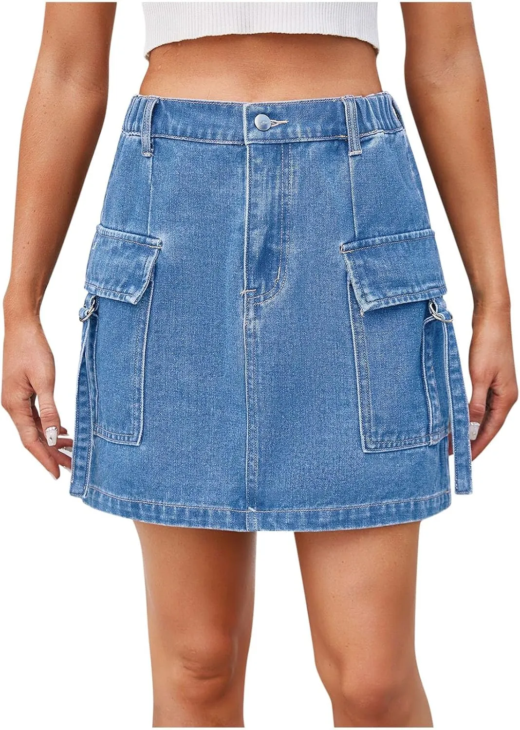 Denim Cargo Skirt for Women Mini Jean Skirts High Waisted Denim Skirts A Line Skirts wirh Pockets Casual Summer Skirt