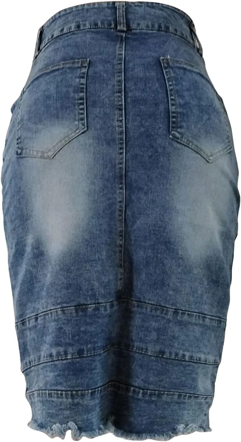 Denim Skirt for Women Casual A-Line Denim Midi Skirts Stretch High Waisted Split Jean Skirt with Pockets Plus Size