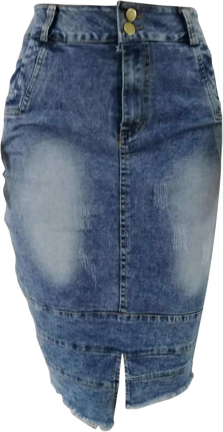 Denim Skirt for Women Casual A-Line Denim Midi Skirts Stretch High Waisted Split Jean Skirt with Pockets Plus Size