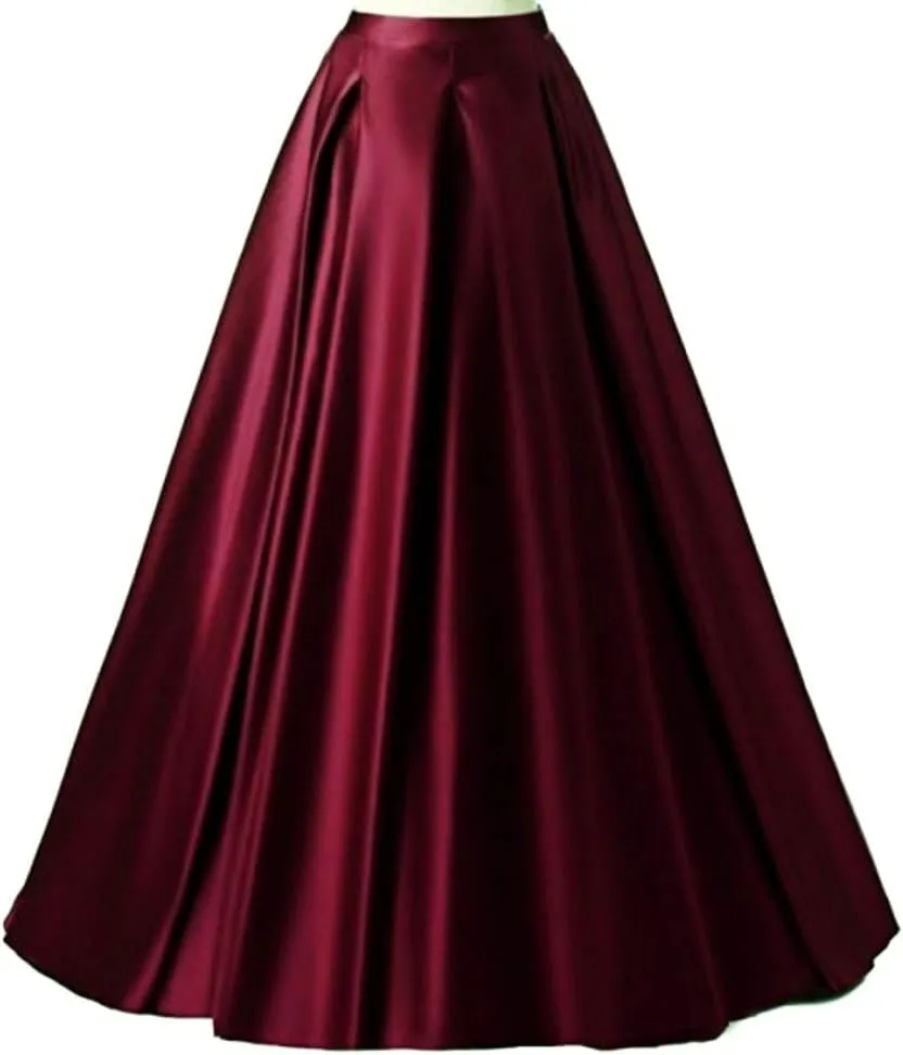 Diydress Women's Long Fashion High Waist A-Line Satin Skirts with Pockets