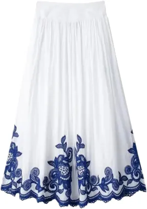 Dndrdhfb Women's Embroidered Pleated Skirt High Waist Midi Skirt Bohemian Maxi Skirt