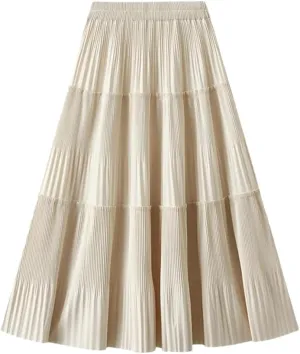 Dndrdhfb Women's Pleated Long Skirt Casual Solid Color A-Line High Waist Spliced Midi Skirt