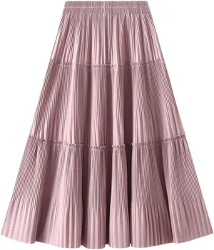 Dndrdhfb Women's Pleated Long Skirt Casual Solid Color A-Line High Waist Spliced Midi Skirt