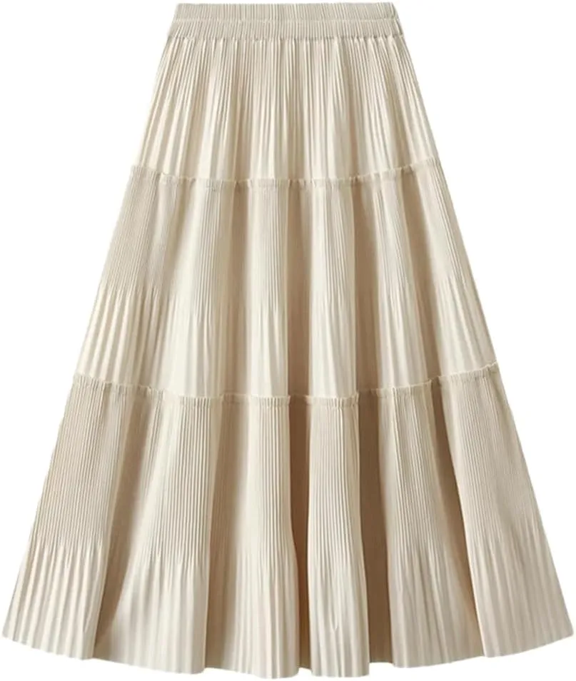 Dndrdhfb Women's Pleated Long Skirt Casual Solid Color A-Line High Waist Spliced Midi Skirt